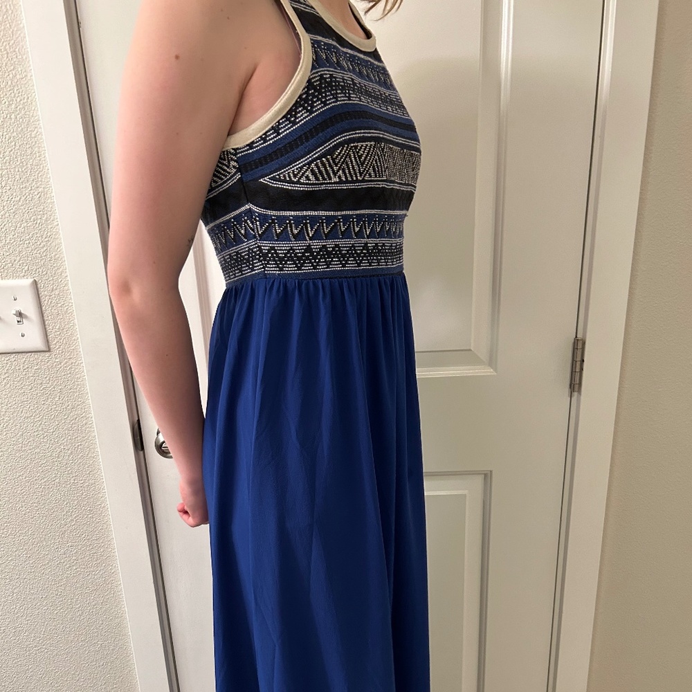 Long dress blue skirt with Brocade like top